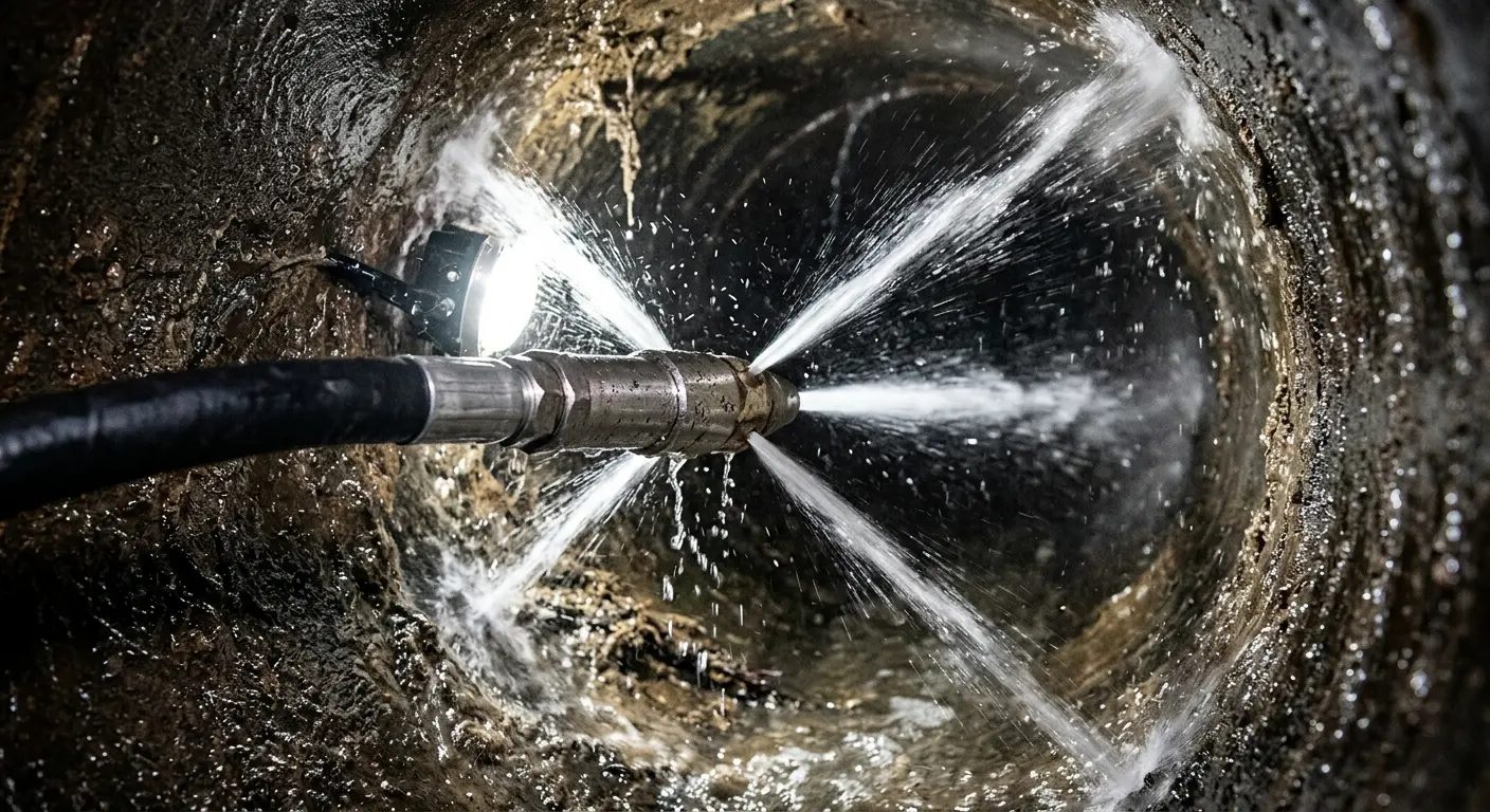 High-pressure hydro jetting nozzle cleaning sewer pipe for Trenchless Sewer Repair in Jersey City