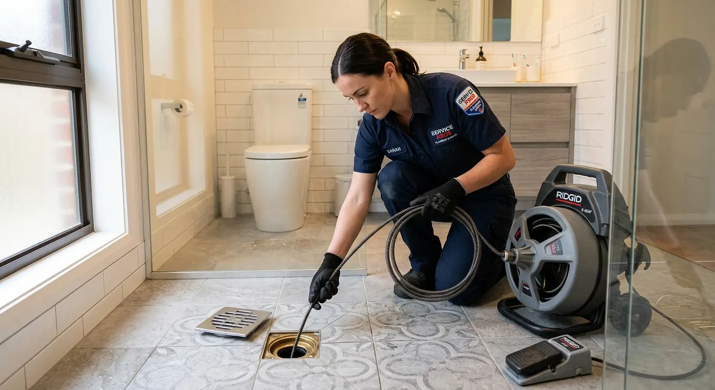 Technician clearing a bathroom floor drain for Clogged Drain Repair in Jersey City